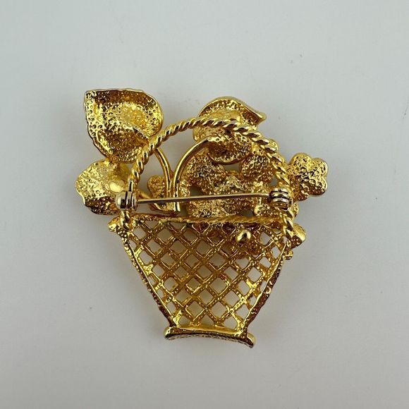 Vintage Gold Tone Enamel Clear Rhinestone Flower Basket Brooch Pin Openwork 1.75 - Picture 4 of 10